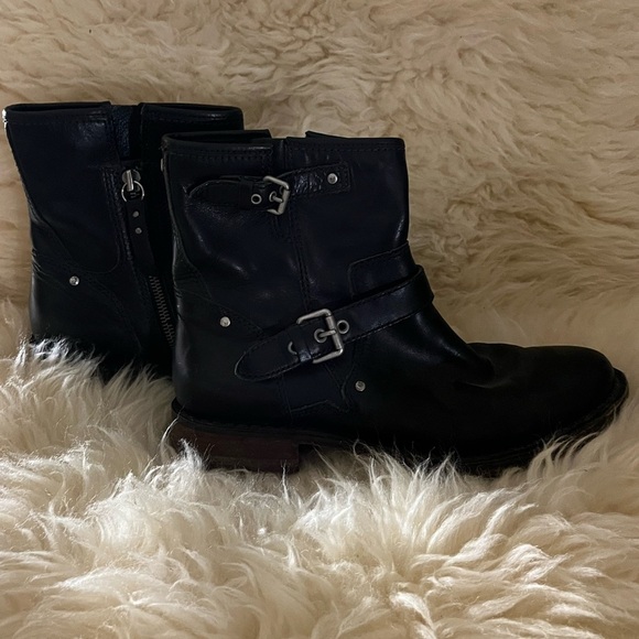 UGG Black Leather Double Buckle Combat Moto Side-Zip Ankle Boots - Picture 4 of 8